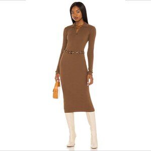 Pam & Gela midi ribbed knit stretch dress Birch brown polo cotton rust Small